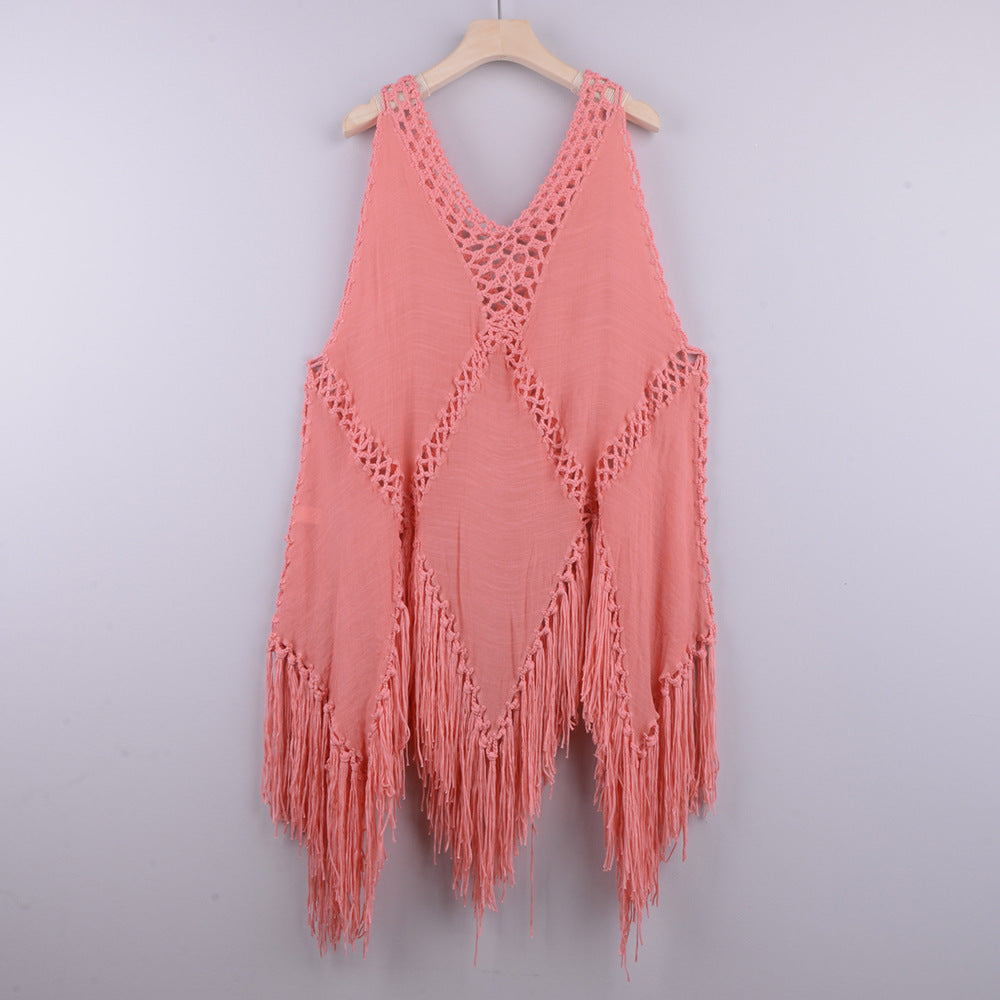 Sexy Hand Crocheting Patchwork Top Loose-Fitting Tassel Vacation Beach Cover-up Sun Protection Clothing Bella Mia